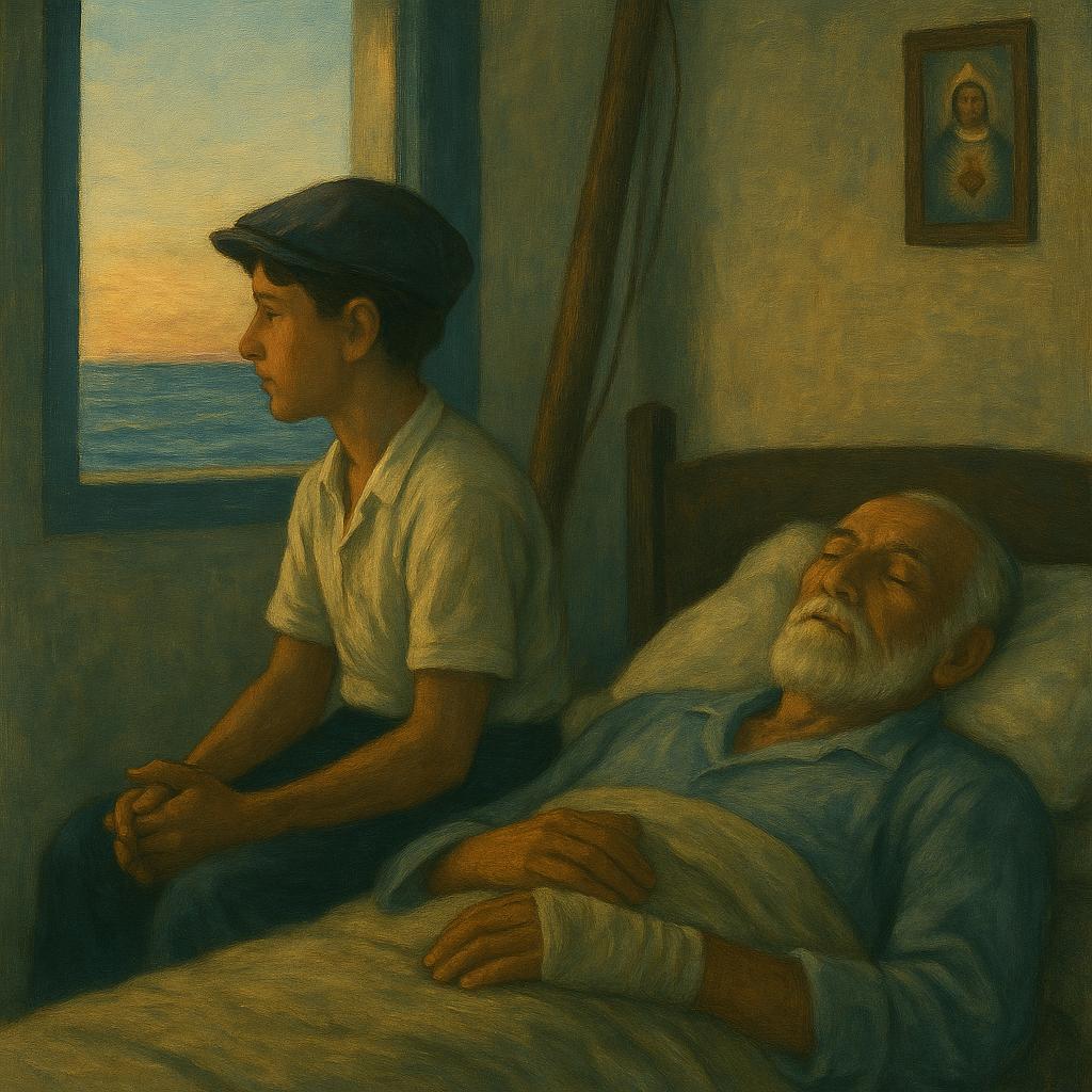 At dawn, the boy sits beside sleeping Santiago in a humble shack, listening to the sea—quiet inheritance of struggle.